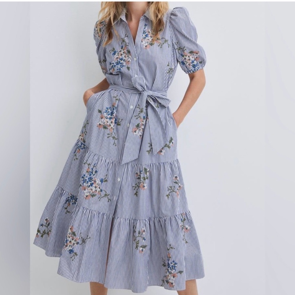 NWT MEADOW RHODES Striped Midi Dress Blue Floral Embroidered Spring Size Medium